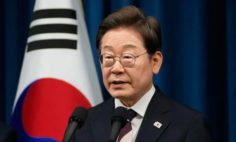 South Korean President Lee Jae-myung speaking at a press conference.