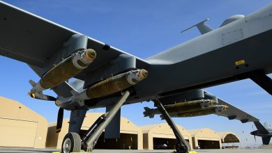 An MQ-9 Reaper, assigned to the 62nd Expeditionary Reconnaissance Squadron, armed with four GBU-38 Joint Direct Attack Munition