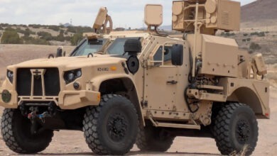 A LOCUST laser weapon system mounted on an Oshkosh Joint Light Tactical Vehicle (JLTV)