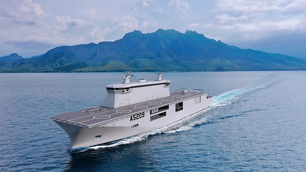 Portugal’s drone carrier NRP João II sailing at sea, featuring a full-length flight deck designed for launching and recovering aerial, surface, and underwater drones.