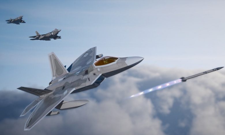 Artwork showing an F-22 Raptor with new pods, external fuel tanks, and an unknown air-to-air missile, potentially the AIM-260