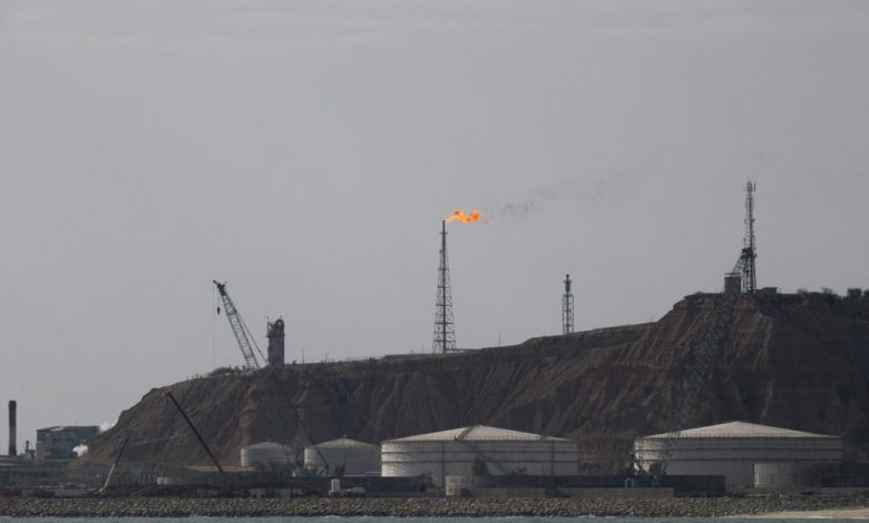 A view of oil facilities on Kharg island on the Persian Gulf about 776 miles south of Tehran