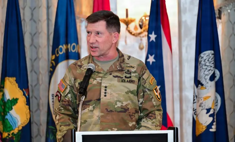 Gen. David Hodne speaks at a podium during the activation ceremony for the US Army Futures and Concepts Command under T2COM.