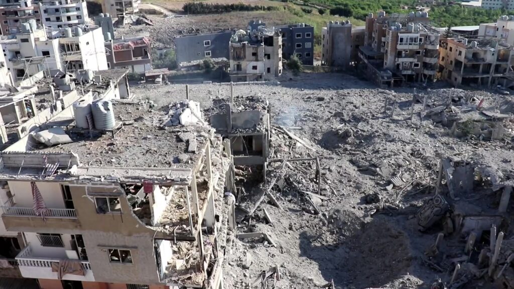 Widespread destruction is seen at the site of an an Israeli strike on the southern Lebanese town of Burj al-Shamal.