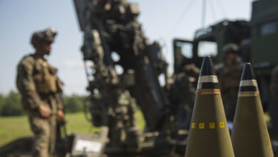 U.S. Marines with 1st Battalion, 10th Marine Regiment, 2nd Marine Division, stage M795 high explosive rounds during a battalion live-fire exercise at Camp Lejeune, N.C., June 7, 2018. Marines with the unit conducted the training in preparation for an upcoming Integrated Training Exercise. (U.S. Marine Corps photo by Pfc. Larisa Chavez)