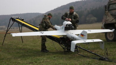 German soldiers prepare an EMT Luna X-2000 unmanned aerial vehicle for launch during exercise Allied Spirit X at Hohenfels, Germany, April 10, 2019. Exercise Allied Spirit X includes approximately 5,600 participants from 15 nations, March 30-April 17, 2019, at the 7th Army Training Command's Hohenfels Training Area in Southeastern Germany. Allied Spirit is a U.S. Army Europe-directed, 7th Army Training Command-conducted multinational exercise series designed to develop and enhance NATO and key partner interoperability and readiness across specified warfighting functions. (U.S. Army photo by Pfc. Enrique Moya)