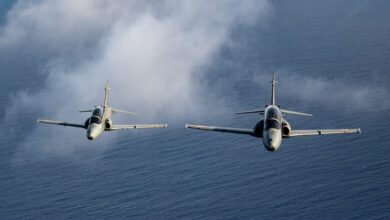BAY OF BENGAL (April 8, 2025) - Two Indian Navy Hawk Mk 132 fly over the Bay of Bengal during Exercise Tiger Triumph 2025, April 8. Tiger Triumph is a joint and combined U.S.-India exercise focused on humanitarian assistance and disaster response readiness and interoperability. Tiger Triumph enables U.S. and Indian armed forces to improve interoperability and bilateral, joint, and service readiness in the Indian Ocean region and beyond to support a free and open Indo-Pacific. (U.S. Navy photo by Mass Communication Specialist 1st Class Caroline H. Lui)