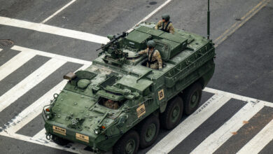 U.S. Army Soldiers operate a Stryker armored vehicle during the 250th Army Birthday Parade, June 14, 2025, in Washington D.C. The parade featured approximately 6,700 Soldiers, 150 vehicles, 50 aircrafts, 34 horses, two mules and one dog to highlight the Army’s 250 years of service to the nation. (U.S. Army Photo by Sgt. Aaron Troutman)