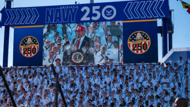 NAVAL STATION NORFOLK, Va. (Oct. 5, 2025) – President Donald J. Trump addresses nearly 15,000 Sailors from Norfolk-based commands and guests during an All Hands Call at Pier 14, alongside the Nimitz-class aircraft carrier USS Harry S. Truman (CVN 75) and the Wasp-class amphibious assault ship USS Kearsarge (LHD 3), Oct. 5, 2025. The All Hands Call at Naval Station Norfolk is one of many events taking place throughout the country to showcase the men and women who proudly serve in the U.S. Navy. (U.S. Navy photo by Mass Communication Specialist 1st Class Anderson W. Branch)