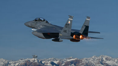 An F-15E Strike Eagle aircraft assigned to the 40th Flight Test Squadron, Eglin Air Force Base, Florida, takes off from Nellis AFB, Nevada, Feb. 20, 2026. The 40th FLTS conducts developmental flight tests for U.S. Air Force fighter aircraft, focusing on weapon systems, software upgrades and avionics. (U.S. Air Force photo by Airman Bella Swarr)