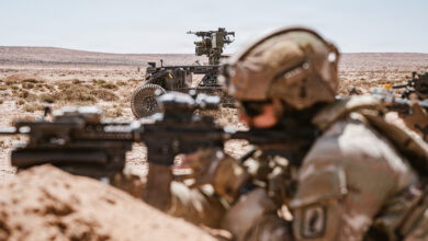 A U.S. Soldier assigned to MoD Company, 1st Battalion, 503rd Infantry Regiment, 173rd Mobile Brigade Combat Team (Airborne), aims down range during an African Lion 26 counterattack lane at Cap Draa, Tan-Tan, Morocco, May 4, 2026. The command field exercise counterattack lane tested new combined arms breach tactics by synchronizing unmanned ground vehicles, remote systems and maneuver elements, demonstrating the integration of autonomous and conventional forces to create standoff, reduce risk and generate new tactical possibilities on the modern battlefield. AL26 is U.S. Africa Command's largest annual joint exercise, designed to strengthen collective security capabilities of the U.S., African nations and global allies. Led by U.S. Army Southern European Task Force, Africa (SETAF-AF) from April 20 to May 8, 2026, and hosted in Ghana, Morocco, Senegal and Tunisia, AL26 involves over 5,600 personnel from more than 40 nations, using innovation to drive partner-led regional security. (U.S. Army photo by Sgt. Christopher Sanchez)
