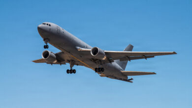 A U.S. Air Force KC-46A Pegasus approaches the runway during a call sign retirement flight at Travis Air Force Base, California, July 24, 2026. The aircraft operated under the call sign “Zphyr” for the final time before transitioning to “Peggy.” (U.S. Air Force photo by Kenneth Abbate)