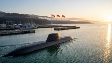 Type 212CD Submarine submerged with the flags of Canada, Germany, and Norway