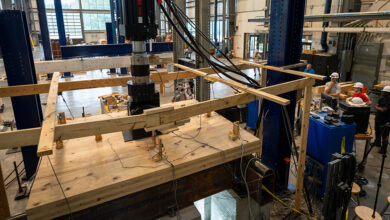 A timber assembly undergoes testing in Auburn’s Advanced Structural Engineering Laboratory, where researchers evaluate the structural performance of mass timber systems.