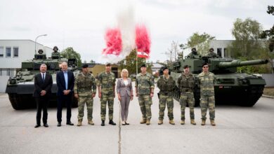 Austrian Defence Minister Klaudia Tanner presenting the upgraded Leopard and Ulan vehicles
