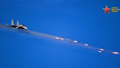 A PLA Air Force J-16 multirole fighter fires aerial rockets during a live-fire training exercise on June 12, 2026. Photo: Xu Chengcheng/China’s Ministry of National Defense