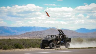 An Army ATV fires a small drone during EDGE21 training exercises at Utah’s Dugway Proving Ground.