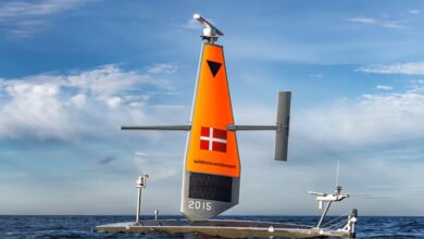 A Saildrone Voyager sails in the Baltic Sea near Copenhagen.