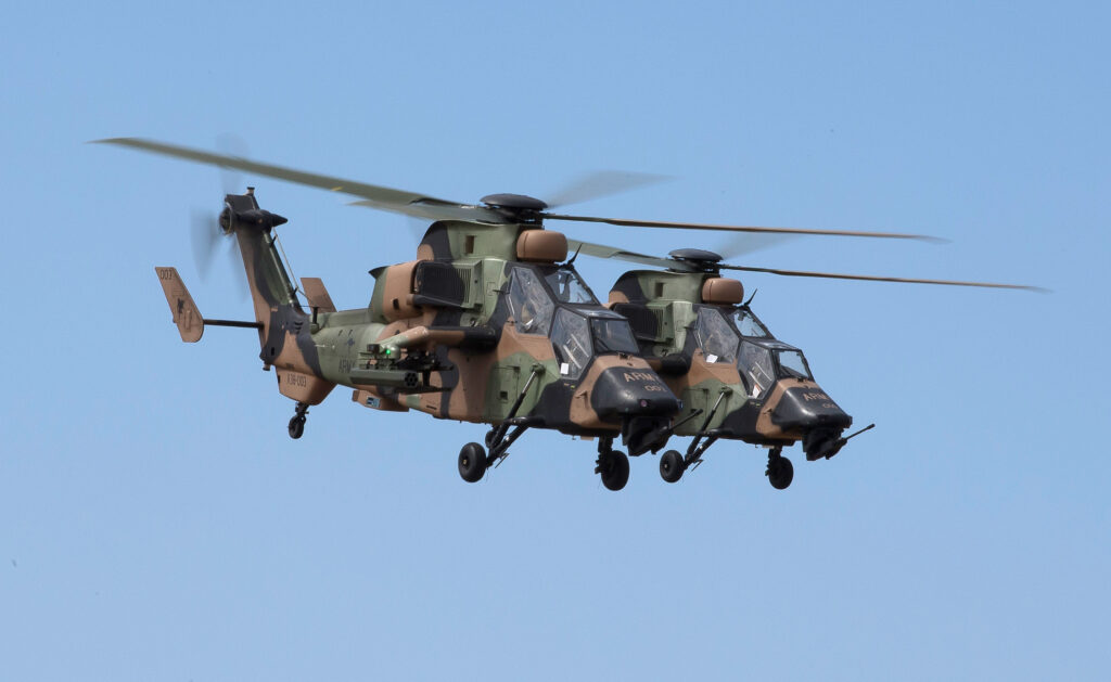 Australian Army A38 Eurocoptor Tigers on a flight task during Exercise Northern Shield 2015. *** Local Caption *** Tiger Armed Reconnaissance Helicopters (ARH) have arrived in Exmouth, Western Australia on Exercise Northern Shield to assist the Ready Combat Team (RCT) conduct security operations in the region.
The Tigers, operated by the Darwin based 1st Aviation Regiment, deployed at short notice to respond to a simulated enemy threat. 
Exercise Northern Shield involves over 1000 troops from the Army and Air Force. It is occurring in North West Australia from the 19th – 24th of September.