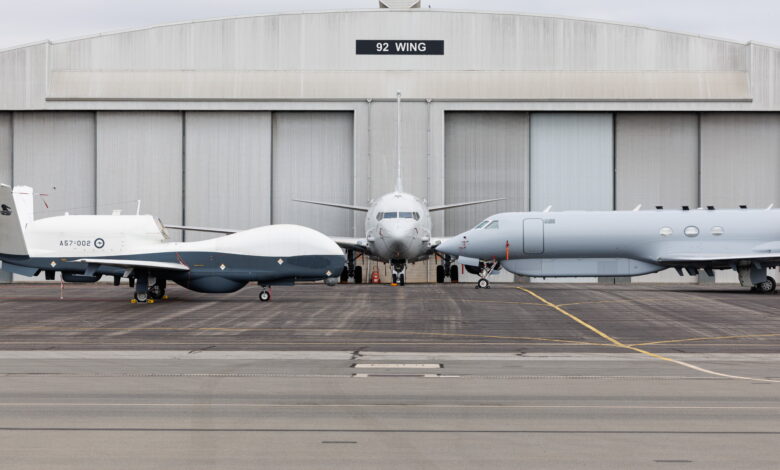 A Royal Australian Air Force P-8A Poseidon aircraft representing No. 11, No. 12, and No. 292 Squadrons (centre), an MQ-4C Triton from No. 9 Squadron (left), and an MC-55A Peregrine from No. 10 Squadron representing the Air "ISR Family" of jets in No. 92 Wing at RAAF Base Edinburgh, South Australia. This image has been digitally altered. *** Local Caption *** On Tuesday 22 September 2026, Acting Prime Minister and Minister for Defence, the Honourable Richard Marles MP, accompanied by Chief of Air Force Air Marshal Stephen Chappell DSC, CSC, OAM, visited RAAF Base Edinburgh to announce a series of significant milestones for Australia's Air Intelligence, Surveillance and Reconnaissance (Air ISR) capabilities. The Acting Prime Minister announced the achievement of Initial Operational Capability (IOC) for the MQ-4C Triton and MC-55A Peregrine, the completion of major upgrades to the first two P-8A Poseidon aircraft in Australia's fleet in the United States, and the forthcoming commencement of upgrades to the remaining fleet at the recently opened Deep Maintenance and Modification Facility at RAAF Base Edinburgh. These milestones represent a significant enhancement to the Royal Australian Air Force's ability to deliver persistent intelligence, surveillance and reconnaissance effects across Australia's primary area of military interest. RAAF Base Edinburgh is the Royal Australian Air Force's principal Air ISR hub and home to No. 92 Wing, which operates the P-8A Poseidon, MQ-4C Triton and MC-55A Peregrine through Nos. 9, 10, 11, 12 and 292 Squadrons. Built through years of collaboration between Defence, industry and the United States, Australias integrated Air ISR fleet continues to grow.
