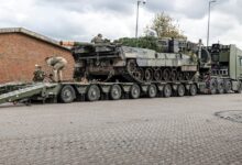Heavy Equipment Trailer carrying a Leopard 2A7 main battle tank