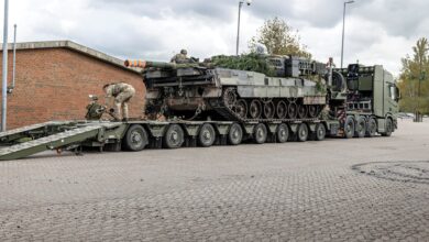 Heavy Equipment Trailer carrying a Leopard 2A7 main battle tank