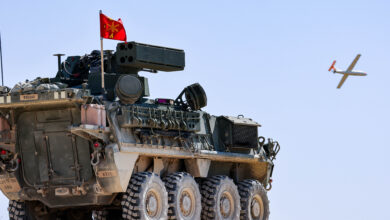 A U.S. Army M1265A1 Stryker from Alpha Battery, 6th battalion, 56th Air Defense Artillery Regiment, aims its XM 914 30 mm cannon at an MQM-170 Outlaw drone during the anti-air defense portion of Table VI iterations as part of a crew qualification gunnery, at Dalton Mountain Multi-Use Range on Fort Cavazos, TX, Oct. 14, 2024. Crew qualifications verify the lethality and effectiveness of a unit's crews and their ability to efficiently complete engagements with their vehicle’s weapons systems.