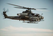 A U.S. Marine Corps AH-1Z Viper assigned to Marine Light Attack Helicopter Squadron (HMLA) 367, Marine Aircraft Group 39, 3rd Marine Aircraft Wing, flies during close air support drills as part of Service Level Training Exercise 4-25 at Marine Corps Air Ground Combat Center, Twentynine Palms, California, July 26, 2025. MCAGCC serves as the Marine Corps’ premier training venue for service-level exercises by providing realistic multi-domain environments to prepare forces for success in future conflicts. (U.S. Marine Corps photo by Lance Cpl. Micah Thompson)