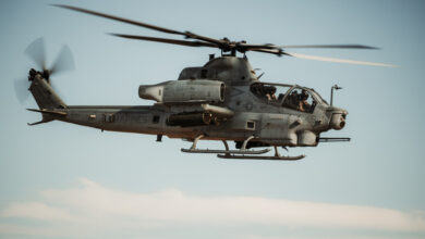 A U.S. Marine Corps AH-1Z Viper assigned to Marine Light Attack Helicopter Squadron (HMLA) 367, Marine Aircraft Group 39, 3rd Marine Aircraft Wing, flies during close air support drills as part of Service Level Training Exercise 4-25 at Marine Corps Air Ground Combat Center, Twentynine Palms, California, July 26, 2025. MCAGCC serves as the Marine Corps’ premier training venue for service-level exercises by providing realistic multi-domain environments to prepare forces for success in future conflicts. (U.S. Marine Corps photo by Lance Cpl. Micah Thompson)