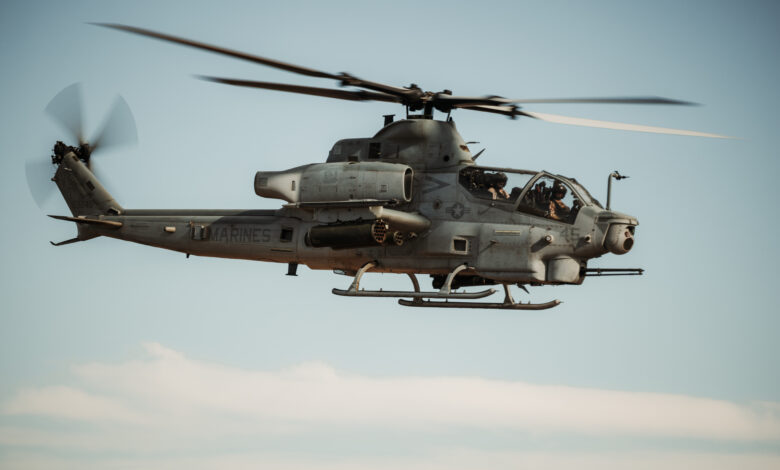 A U.S. Marine Corps AH-1Z Viper assigned to Marine Light Attack Helicopter Squadron (HMLA) 367, Marine Aircraft Group 39, 3rd Marine Aircraft Wing, flies during close air support drills as part of Service Level Training Exercise 4-25 at Marine Corps Air Ground Combat Center, Twentynine Palms, California, July 26, 2025. MCAGCC serves as the Marine Corps’ premier training venue for service-level exercises by providing realistic multi-domain environments to prepare forces for success in future conflicts. (U.S. Marine Corps photo by Lance Cpl. Micah Thompson)
