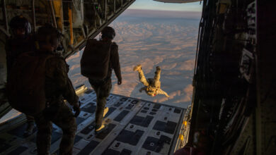 U.S. Oregon Air National Guard paratroopers with 125th Special Tactics Squadron, 142nd Wing, conduct air drop training U.S. Marine Corps KC-130J Super Hercules aircraft assigned to Marine Aerial Refueler Transport Squadron (VMGR) 152, Marine Aircraft Group 12, 1st Marine Aircraft Wing, during exercise Evergreen 26 Aug. 10, 2026, over Oregon. Exercise Evergreen 26 provided VMGR-152 the opportunity to enhance combat readiness and aircrew proficiency through joint training with U.S. Marine Corps, U.S. Army and U.S. Air Force units. (U.S. Marine Corps photo by Cpl. Cecilia Campbell)