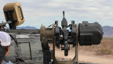 The ACS (Allen Control Systems) Bullfrog M240, tracking a drone, during Falcon Peak at Cibola Range Site 17, Yuma Proving Ground, Arizona, Sept. 7, 2026. FALCON PEAK 26.2 is a NORAD (North American Aerospace Command) & U.S. Northern Command's Counter-small Unmanned Aircraft Systems experiment designed to demonstrate new technologies, expand focus on Low Collateral Defeat capabilities, enhance collaboration with mission partners, and provide developers with immediate feedback to accelerate the maturation of innovative capabilities with Department of War-wide applicability. (Dept. of War photo by SSgt. Colten Tessness)