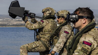 Pictured: Royal Marines from 30 Commando Royal Marines Air Defence Troop training with the Kirintec Recurve C-UAS System on board a Commando Raiding Craft (CRC) during an Exercise in the Mediterranean. The Kirintec Recurve C-UAS is designed to jam a drone's operating frequency, testing its effectiveness against suspect/hostile UAS. Royal Marines Air Defence Troop is a small unit within 3 Commando Brigade's 30 Commando IX Group. Air Defence Troop provide point air defence for the Brigade. The Air Defence Troop normally use portable surface-to-air missiles in the form of the Starstreak High Velocity Missile system.