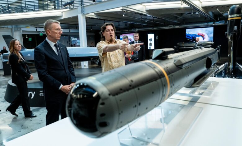Anduril Founder Palmer Luckey presents the Barracuda missile to Latvian President Edgars Rinkēvičs. Photo: Edgars Rinkēvičs via X