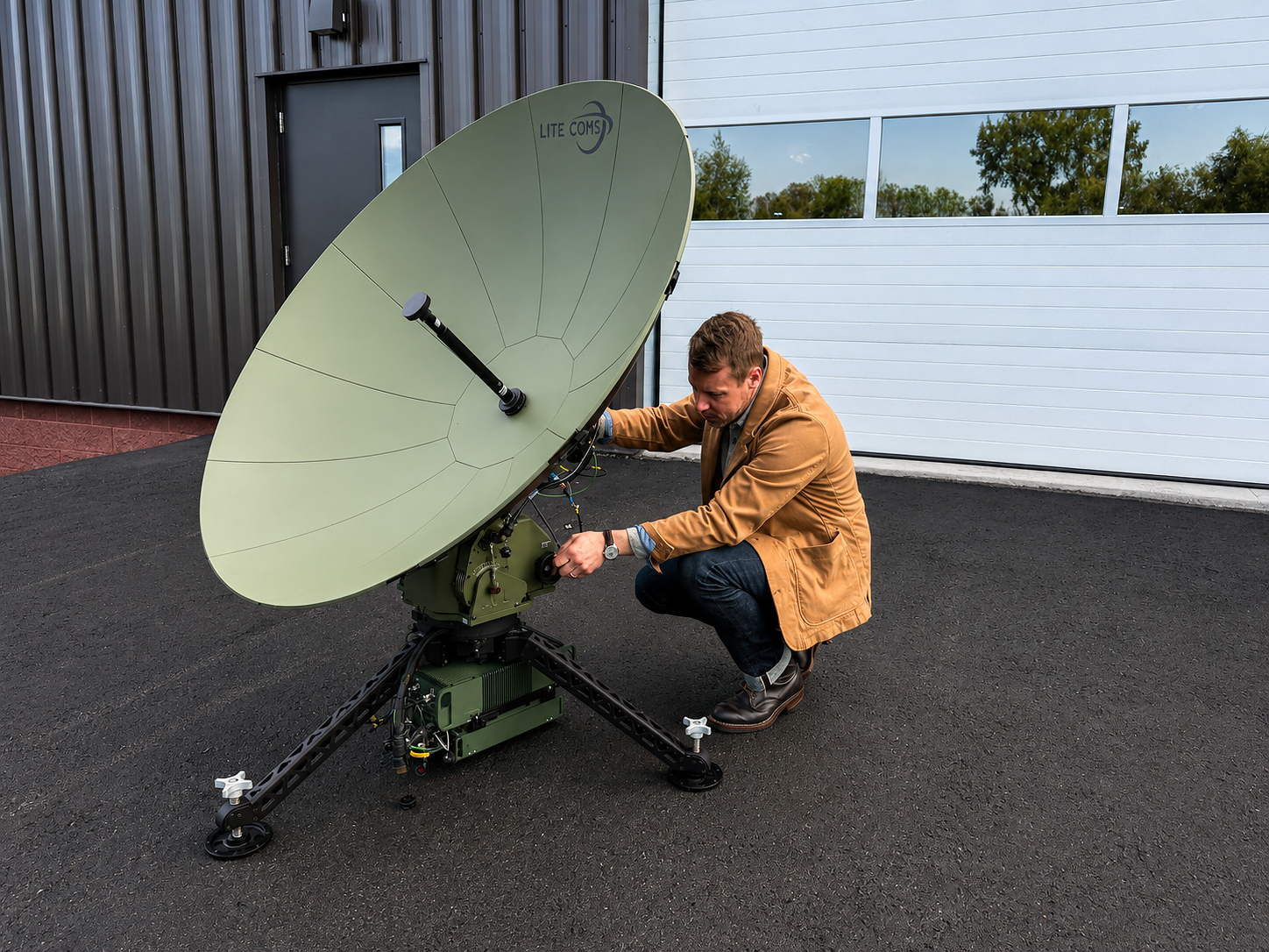 Program Manager Rich Steixner with the Lite Coms LITE SAT 1.3A terminal supporting the ADF LAND 4140 LAND C4 Modernization program.