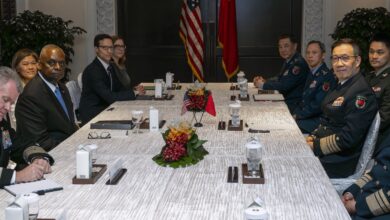 US Secretary of Defense Lloyd J. Austin III greets Chinese Defense Minister Adm. Dong Jun ahead of bilateral meetings in Singapore on May 31, 2024. Photo: Chad J. McNeeley/Wikimedia Commons