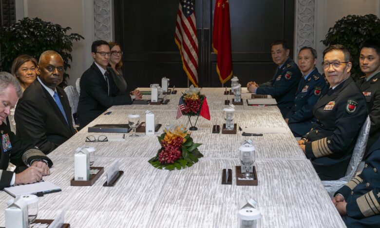 US Secretary of Defense Lloyd J. Austin III greets Chinese Defense Minister Adm. Dong Jun ahead of bilateral meetings in Singapore on May 31, 2024. Photo: Chad J. McNeeley/Wikimedia Commons