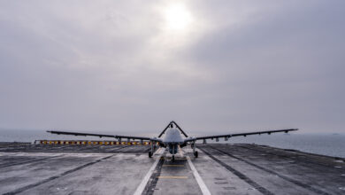 A Turkish TB3 unmanned combat aerial vehicle sits on the flight deck of TCG Anadolu during Exercise Steadfast Dart 26. Between January and March, around 10,000 troops from 13 NATO Allies deployed across Europe for the Alliance’s largest exercise of the year. Photo: NATO
