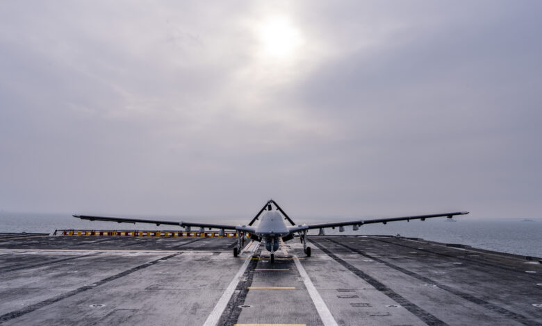 A Turkish TB3 unmanned combat aerial vehicle sits on the flight deck of TCG Anadolu during Exercise Steadfast Dart 26. Between January and March, around 10,000 troops from 13 NATO Allies deployed across Europe for the Alliance’s largest exercise of the year. Photo: NATO