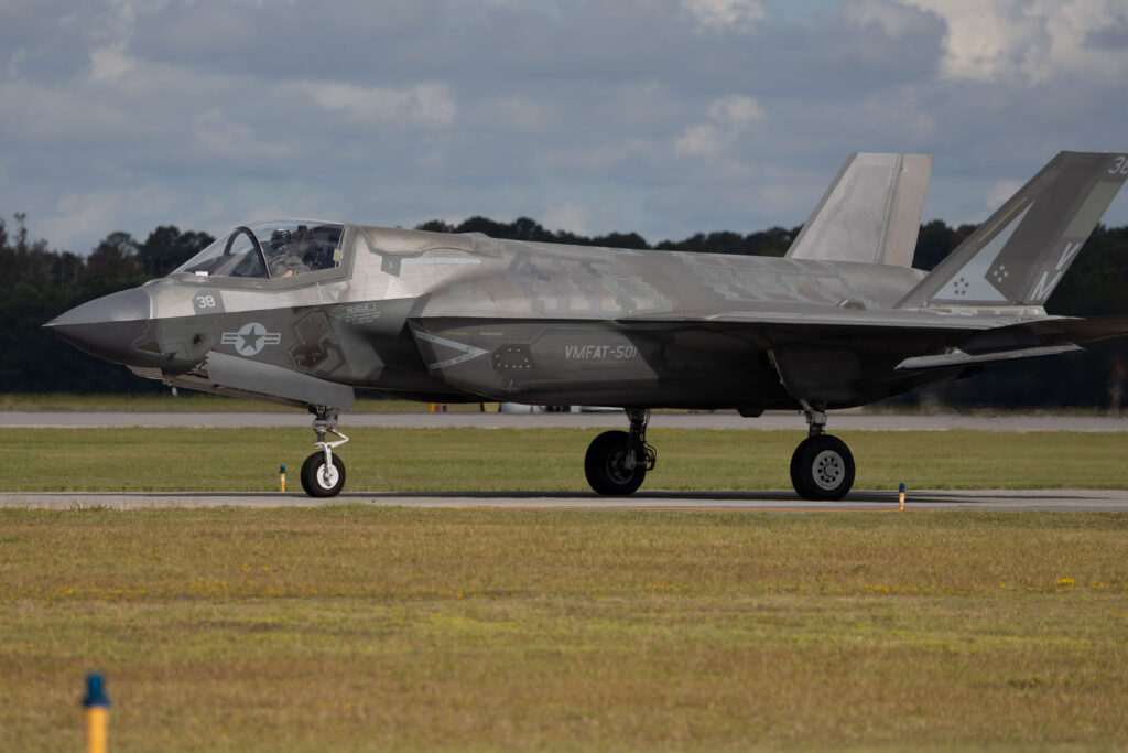A U.S. Marine Corps F-35B Lightning II, with Marine Fighter Attack Training Squadron (VMFAT) 501, Marine Aircraft Group 31, 2nd Marine Aircraft Wing, taxis on the flightline at Marine Corps Air Station Beaufort, South Carolina, Oct. 2, 2026. VMFAT-501 trains selected pilots to fly the F-35B, ensuring they meet annual pilot training requirements and maintain combat readiness. (U.S. Marine Corps photo by Lance Cpl. Paola Garcia Trinidad)