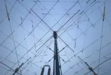 A close-up view shows the crossed-dipole antenna elements of the High Frequency Active Auroral Research Program transmitter array in Gakona, Alaska.