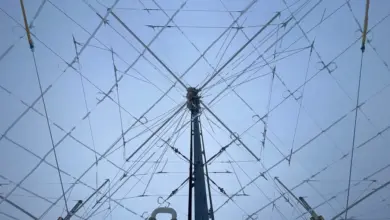 A close-up view shows the crossed-dipole antenna elements of the High Frequency Active Auroral Research Program transmitter array in Gakona, Alaska.