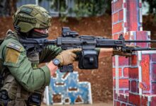 Soldier aiming a rifle equipped with the Arbel counter-unmanned aerial system attachment. Photo: Israel Weapon Industries