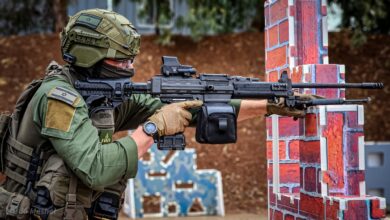Soldier aiming a rifle equipped with the Arbel counter-unmanned aerial system attachment. Photo: Israel Weapon Industries