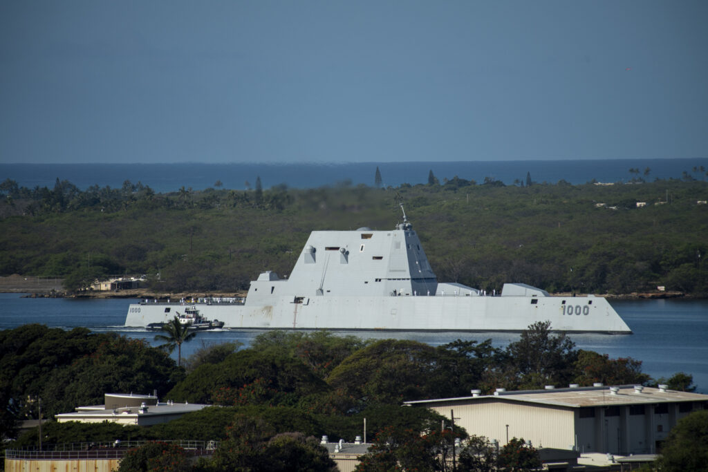 190402-N-QE566-0021 JOINT BASE PEARL HARBOR-HICKAM (Apr. 2, 2019) -- The lead ship of the U.S. Navy’s newest class of guided-missile destroyers, USS Zumwalt (DDG 1000), arrives in Pearl Harbor April 2. During the scheduled port visit, Zumwalt will conduct engagements with local officials and organizations. Zumwalt is under operational control of U.S. 3rd Fleet. Third Fleet leads all naval forces in the Pacific and provides the realistic, relevant training necessary for an effective global Navy. Third Fleet coordinates with U.S. 7th Fleet to plan and execute missions based on their complementary strengths to promote ongoing peace, security, and stability throughout the entire Pacific theater of operations. (USS Mass Communication Specialist 1st Class Corwin M. Colbert/ Released)