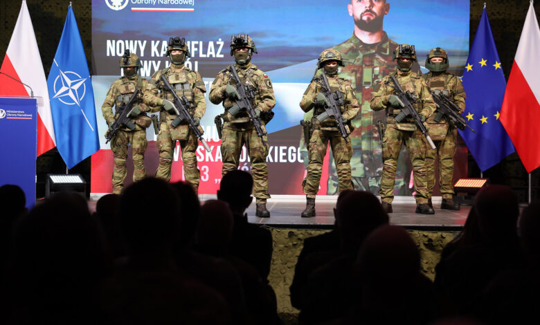 Polish soldiers show off their new uniforms during a presentation.