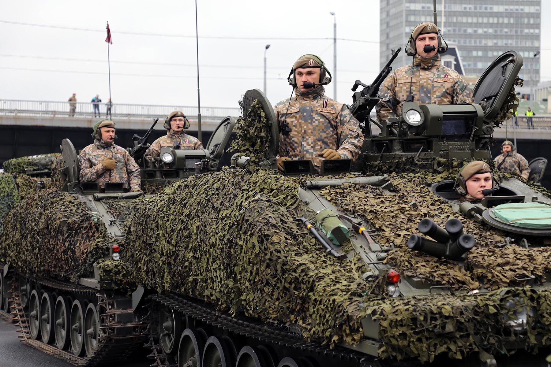 Riga, Latvia- The Latvian Independence Day Military Parade through downtown Riga, Latvia on Monday November 18th, 2019. The parade featured dozens allied nation participants, including Four members of the Michigan air national guard, representing the United States. For 26 years, Latvia has been partnered with the State of Michigan in the National Guard’s State Partnership Program. The State Partnership Program has been successfully building relationships for 25 years and now includes 75 partnerships with 81 nations around the globe. the State Partnership Program links state National Guard units with the armed forces, or equivalent, of a partner country in a cooperative, mutually beneficial relationship. (Michigan National Guard Photo By: Staff Sgt. Andrew Schumann)