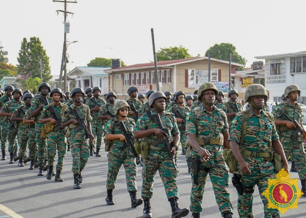 Soldiers in Georgetown during an Independence Route March. Photo: Guyana Defence Force