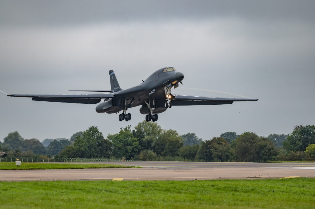 A B-1B Lancer assigned to the 9th Expeditionary Bomb Squadron prepares to land at RAF Fairford, United Kingdom, Oct. 12, 2023. U.S. Air Forces in Europe routinely hosts and supports a variety of U.S. Air Force aircraft and units for training to support geographic combatant command objectives. Operating with a variety of aircraft and units in Europe aids in maintaining a ready and postured force prepared to respond to and support global operations. (U.S. Air Force Photo by Senior Airman Ryan Hayman)