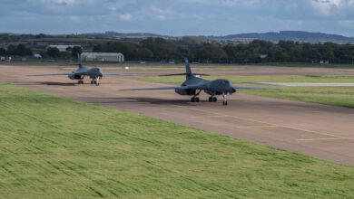 Two B-1B Lancers assigned to the 9th Expeditionary Bomb Squadron taxi on the flightline at RAF Fairford, United Kingdom, Oct. 12, 2023. The U.S. Air Force routinely deploys a variety of aircraft and units throughout Europe for training and to support geographic combatant command objectives. (U.S. Air Force Photo by Senior Airman Ryan Hayman)